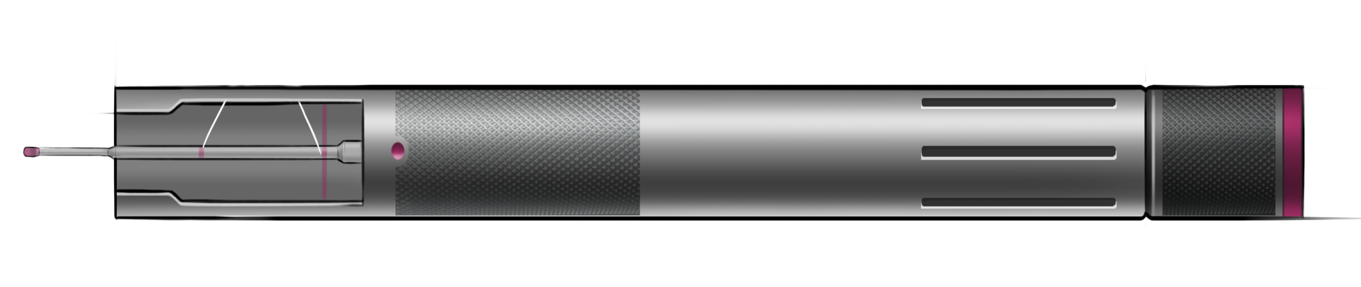 Drawing of the handle of the Monarch IV device with part of the inside exposed.