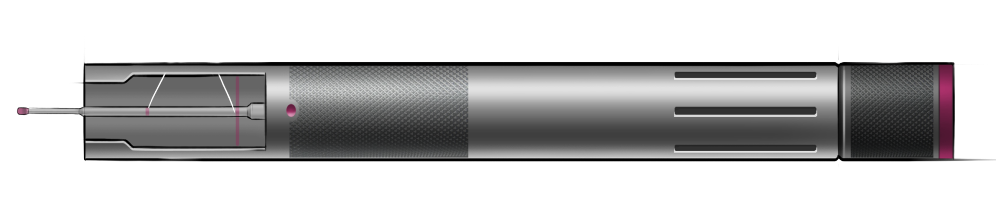 Drawing of the handle of the Monarch IV device with part of the inside exposed.