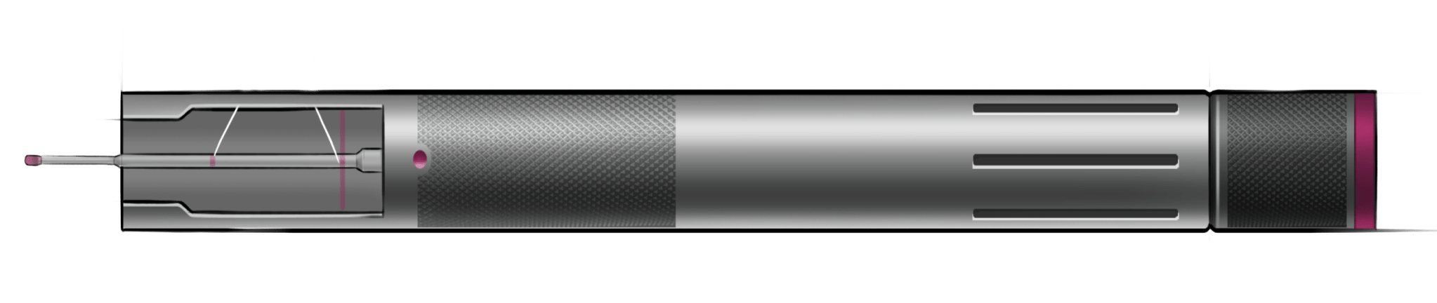 Drawing of the handle of the Monarch IV device with part of the inside exposed.